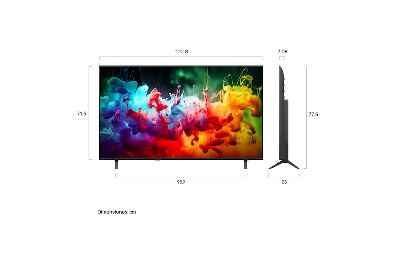 LG QNED AI QNED74 Mini LED shown in front and side views highlights a 65-inch display with a 1447 mm-wide screen, 838 mm screen height, 901 mm height with stand, a 70.8 mm profile depth, and a stand footprint measuring 1185 by 269 mm.